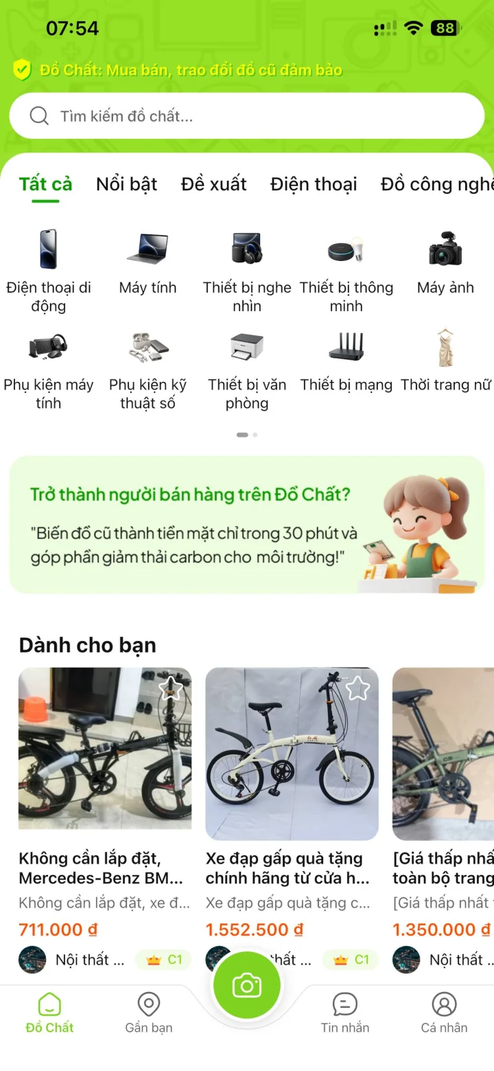 Màn hình chợ đồ cũ trong ứng dụng Đồ Chất