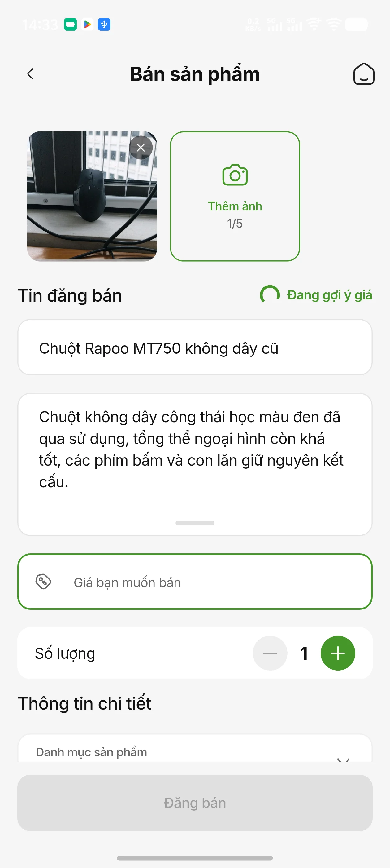 AI đã điền tiêu đề và mô tả, đang gợi ý giá cho tin bán chuột
