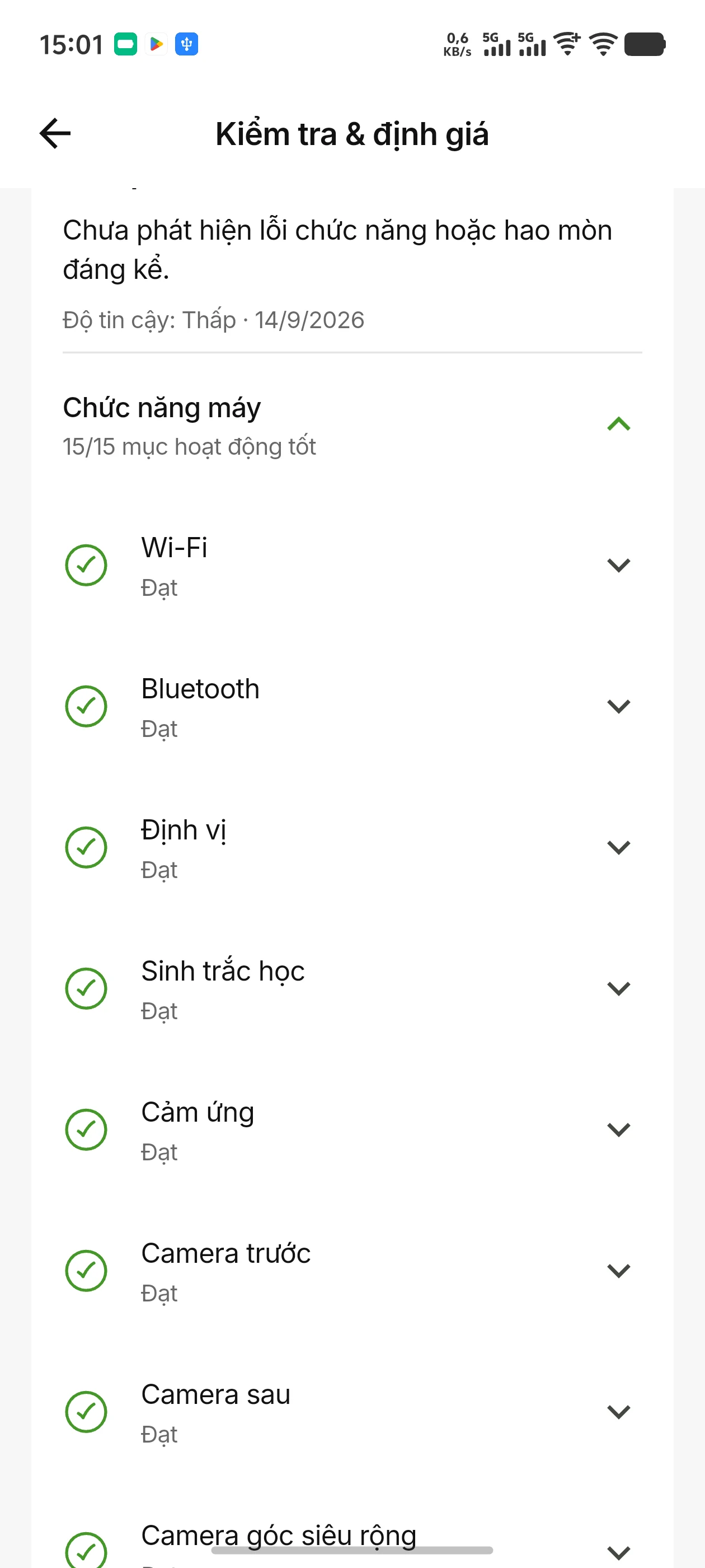 Danh sách kết quả kiểm tra Wi-Fi, Bluetooth, cảm ứng và camera
