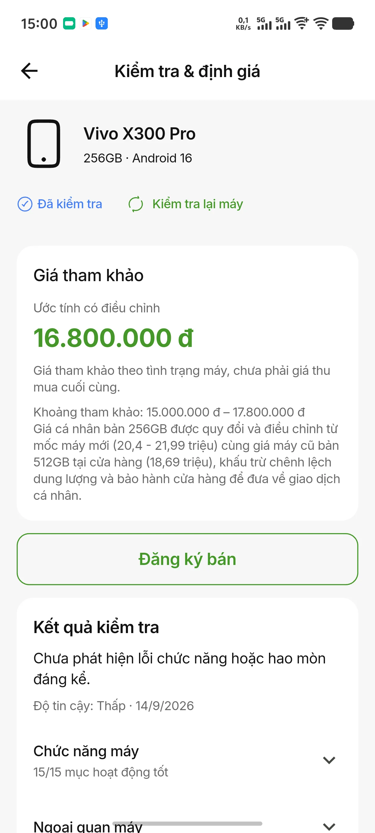 Kết quả kiểm tra điện thoại và nút Đăng ký bán trên Đồ Chất