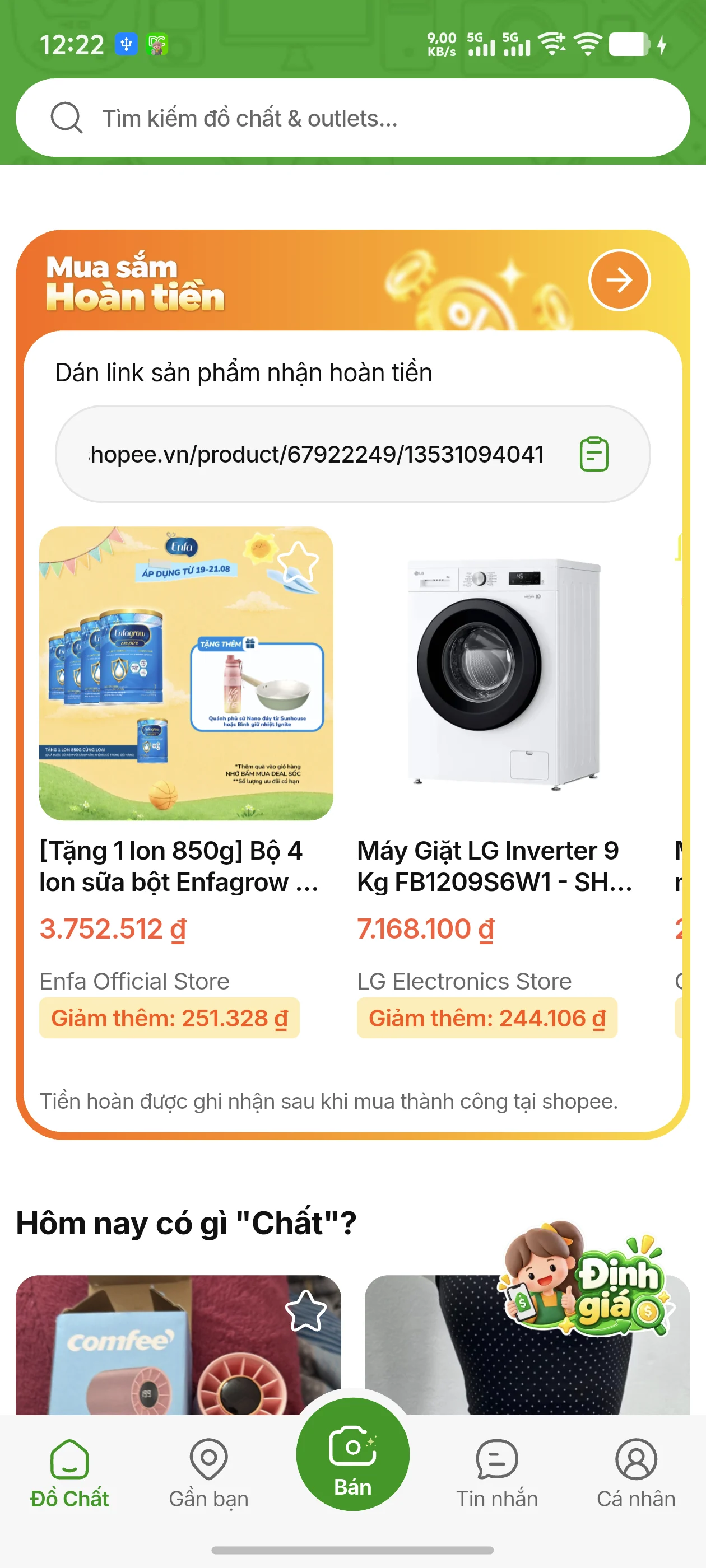 Khung Mua sắm Hoàn tiền trên trang chủ app Đồ Chất