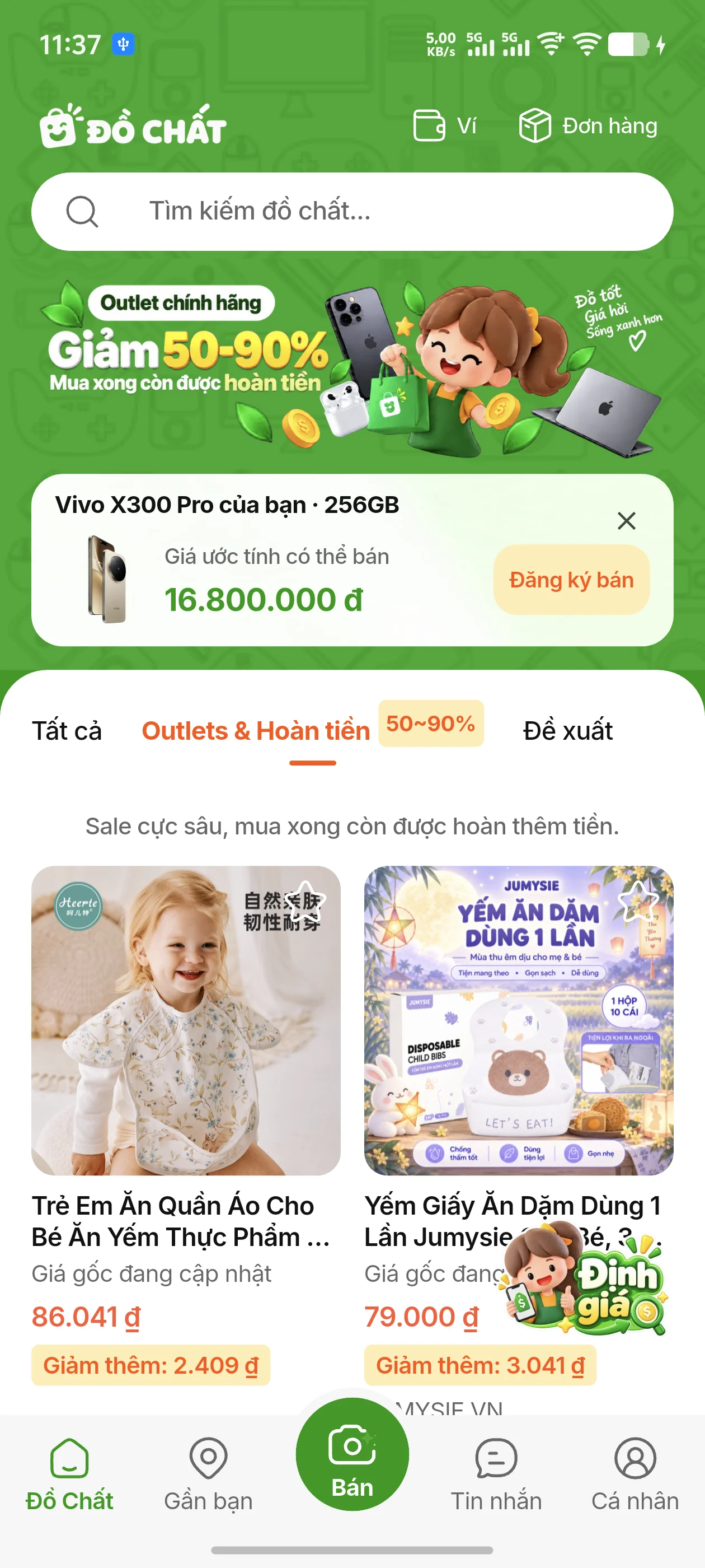 Tab Outlets & Hoàn tiền trên ứng dụng Đồ Chất