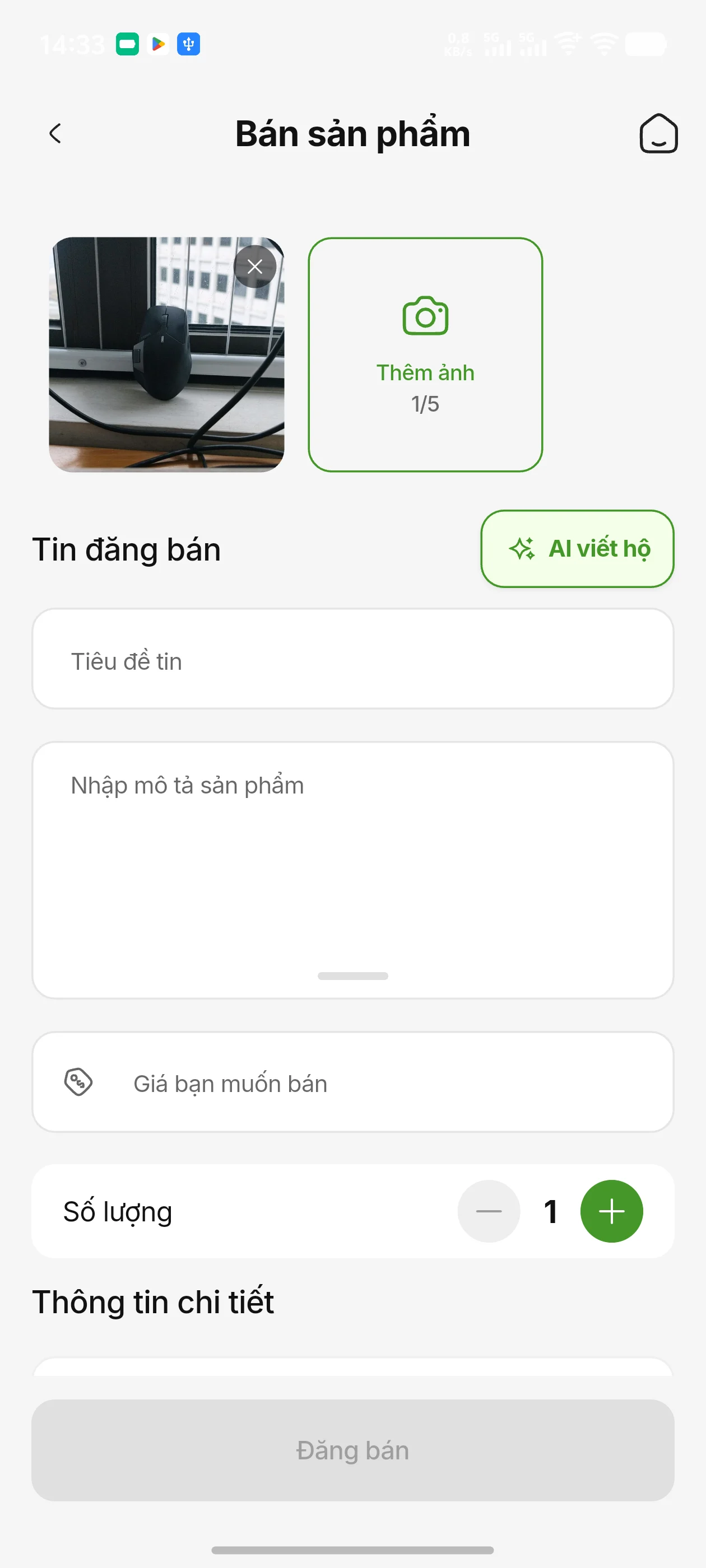 Màn Bán sản phẩm có ảnh đã chọn và nút AI viết hộ