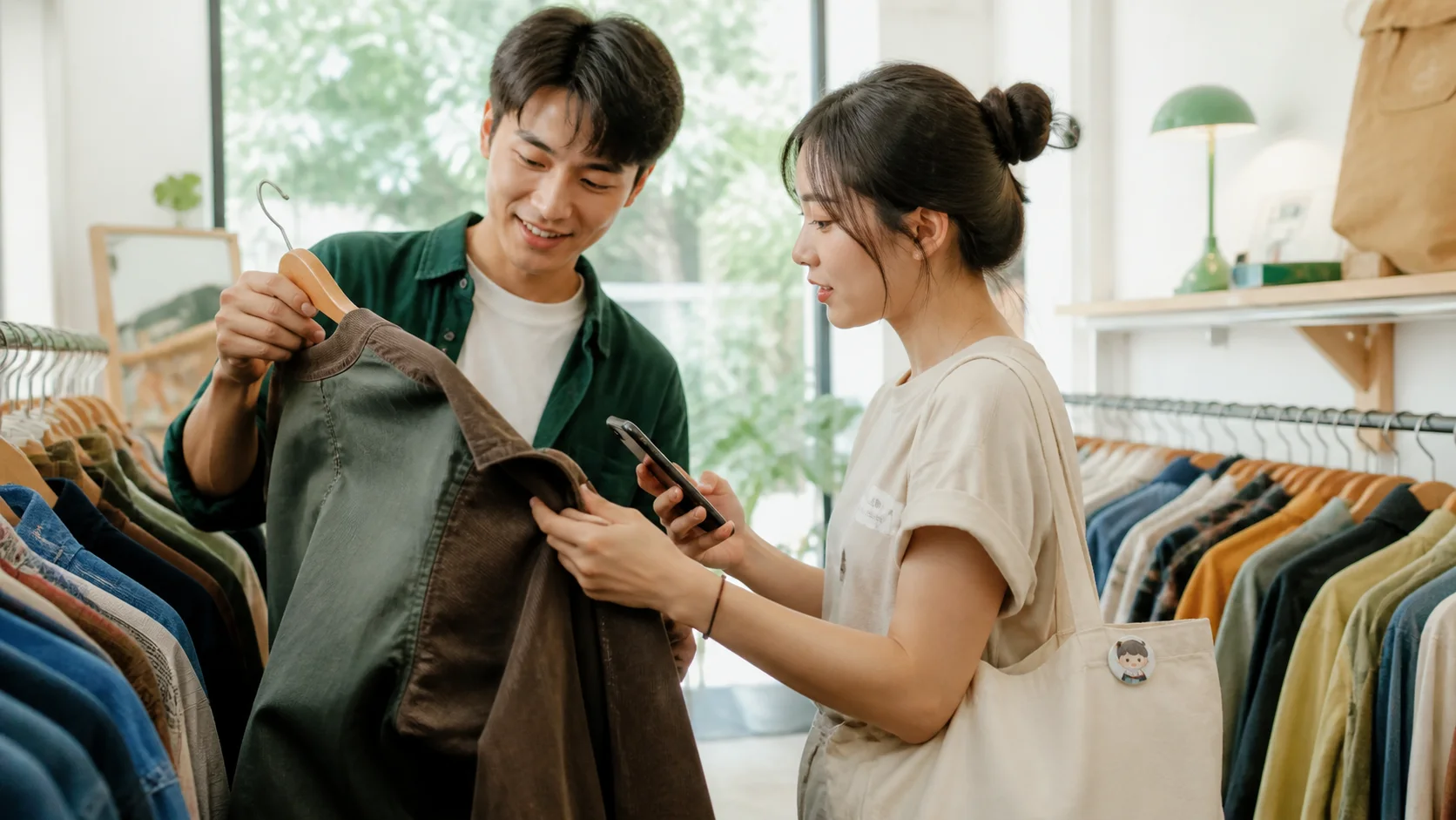 Hai bạn trẻ Việt Nam chọn áo khoác secondhand và kiểm tra chất liệu trong cửa hàng