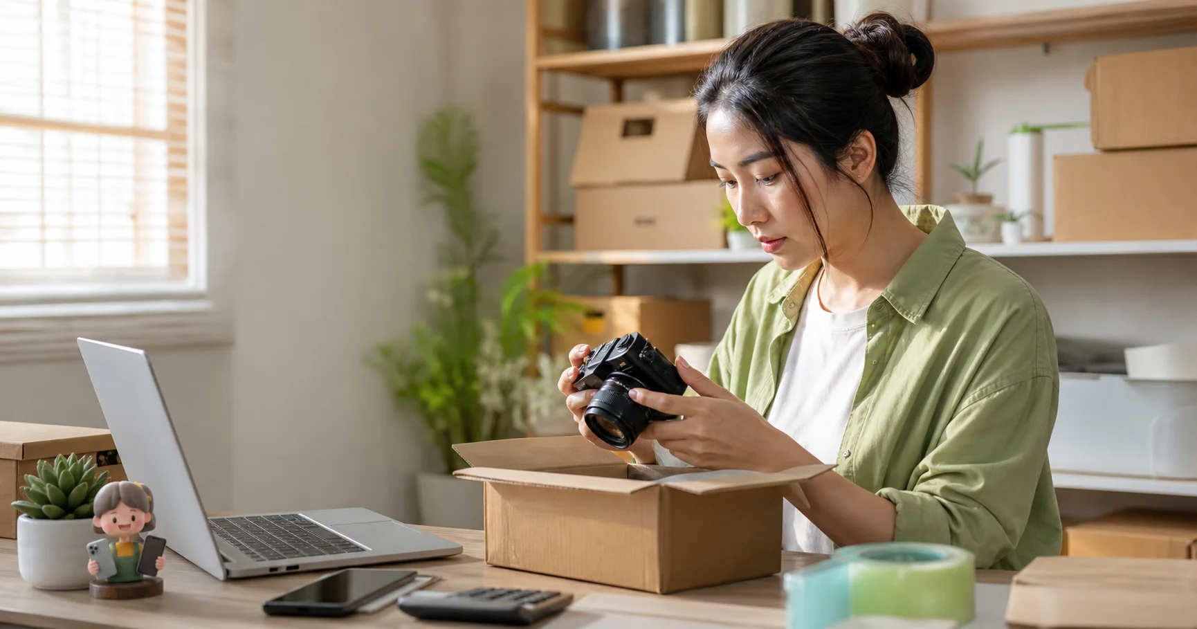 Người bán đồ cũ chụp máy ảnh và chuẩn bị hộp đóng gói tái sử dụng