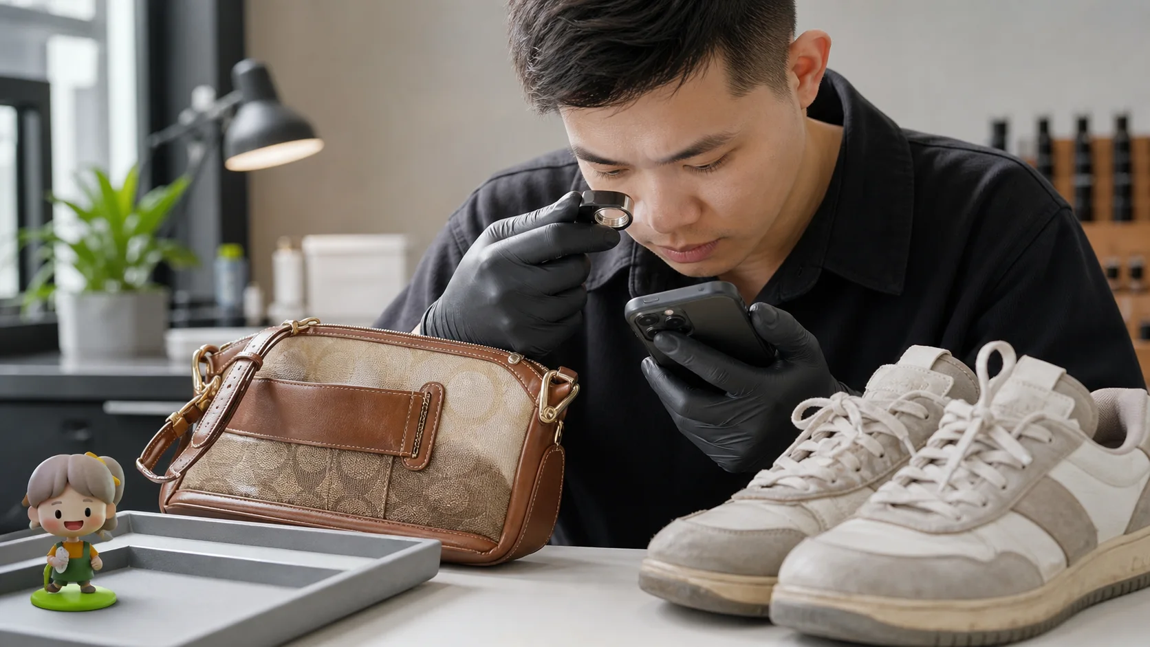 Chuyên viên kiểm định túi đã qua sử dụng bằng kính lúp và điện thoại