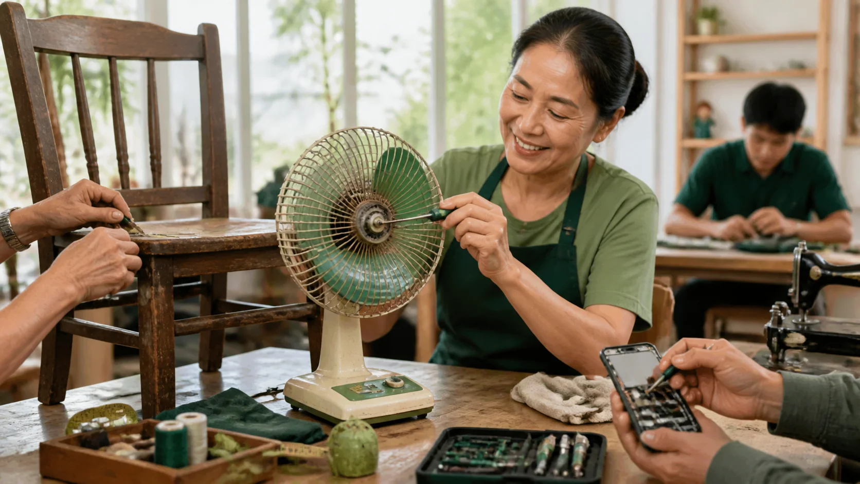Nhóm người dùng sửa quạt cũ và điện thoại trong một không gian repair café