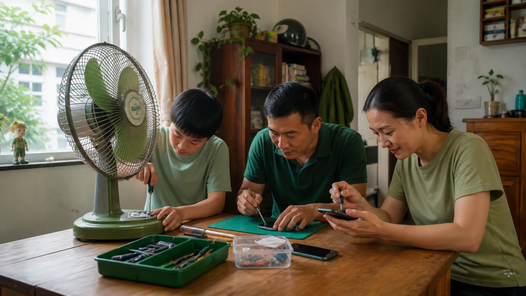 Gia đình Việt Nam cùng sửa quạt đứng và điện thoại cũ tại nhà