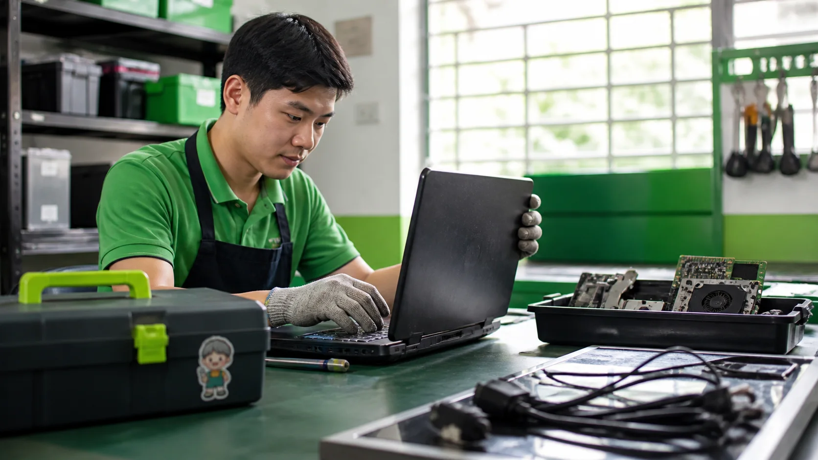 Nhân viên trạm xử lý thử laptop cũ và phân loại linh kiện điện tử đã tháo