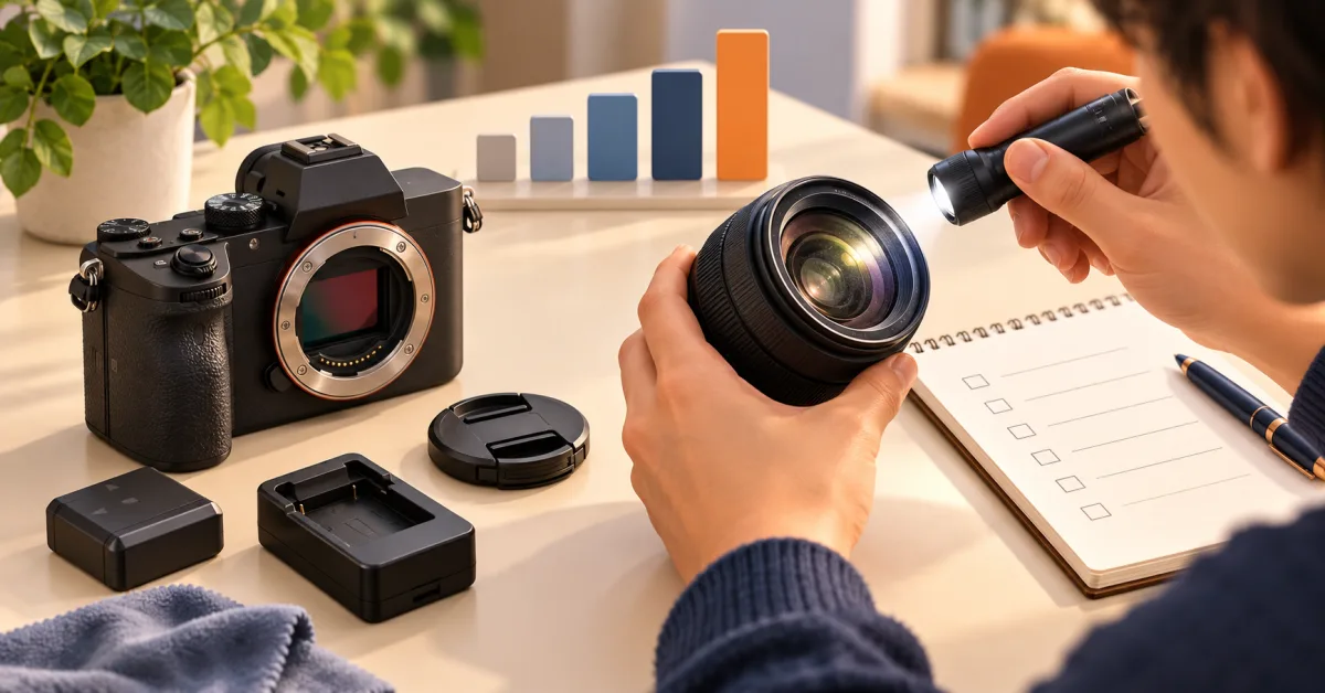 Minh họa kiểm tra ống kính, thân máy và phụ kiện trước khi định giá