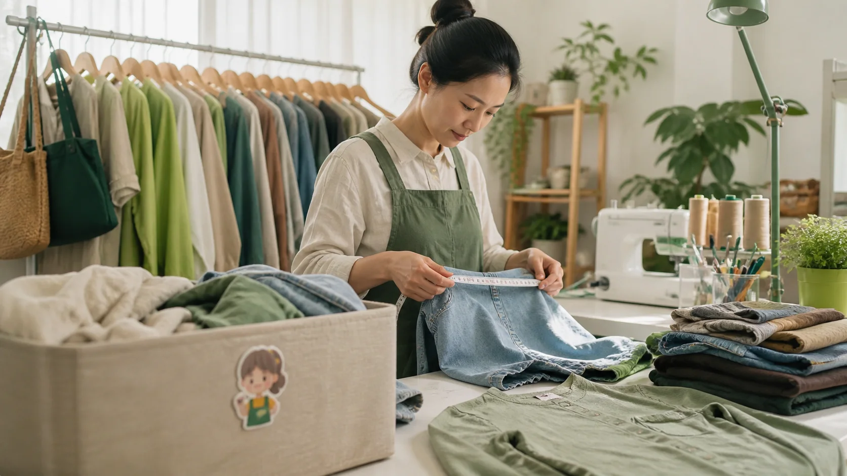 Nhân viên xưởng phân loại quần áo cũ và đo một chiếc quần trước khi sửa
