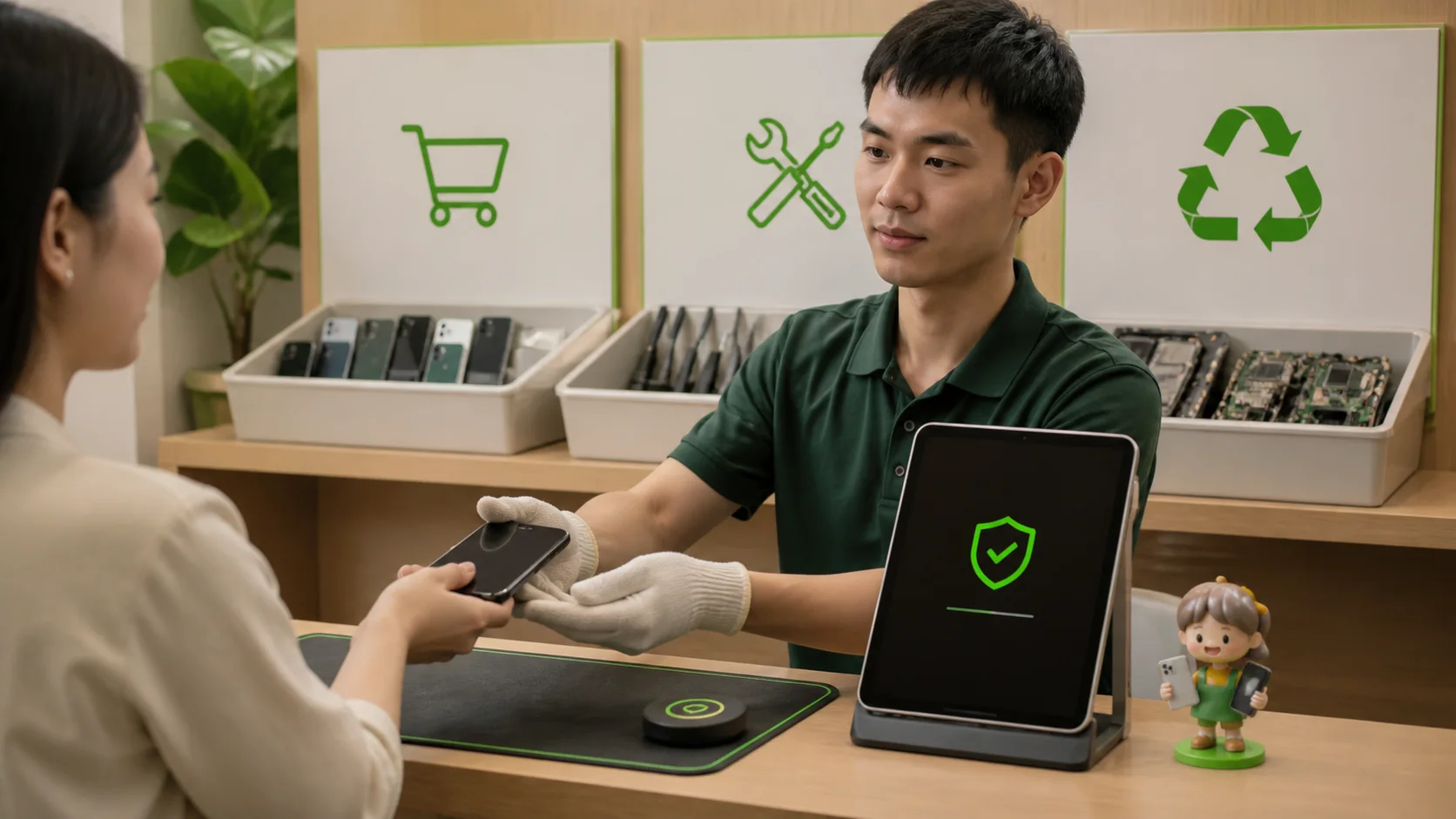 Quầy thu cũ đổi mới nhận điện thoại và phân tách luồng bán lại, sửa chữa, tái chế